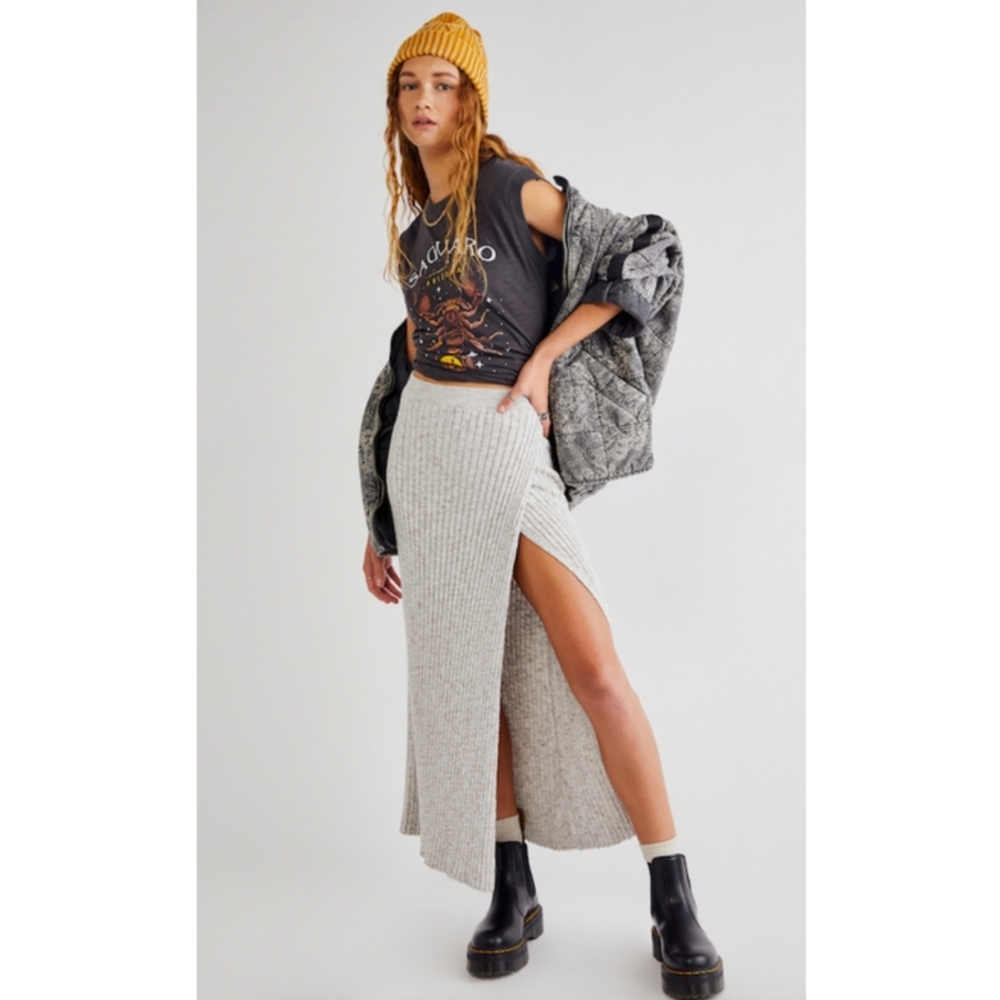 Free People Better Days Ribbed Faux Wrap Maxi Skirt Gray Taupe Boho Size XS
